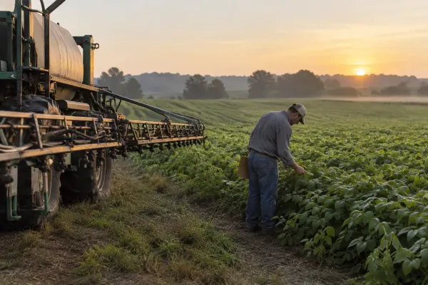 Agronomist examining soybean plants beside an idle unbranded field sprayer at sunrise