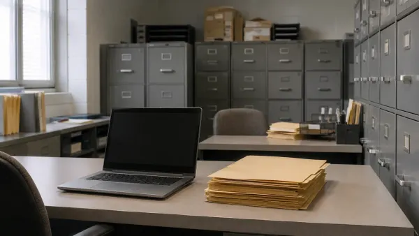 Oficina de registros gubernamentales sin logotipo, con archivadores grises, la pantalla de una computadora portátil en blanco y carpetas sin etiquetar, iluminada por la luz natural de la mañana