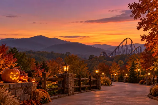 Illustrative autumn theme park walkway with glowing pumpkins and Smoky Mountain scenery at dusk