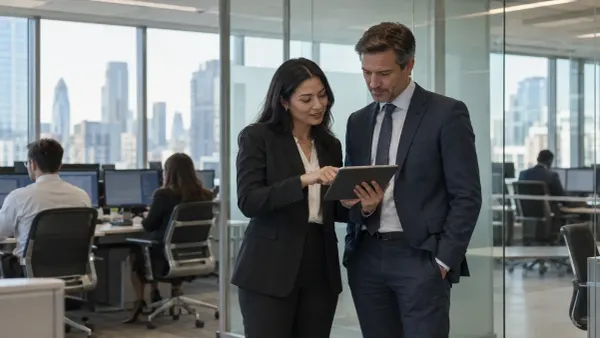 Banking professionals review an unmarked tablet in a modern financial-services office.