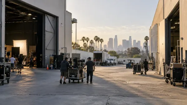 Production crews move camera equipment between two unbranded soundstages on a Los Angeles studio lot.