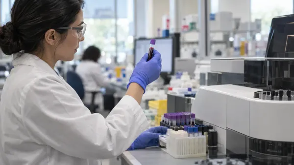 Una profesional de laboratorio clínico examina una muestra de sangre junto a un analizador automatizado.
