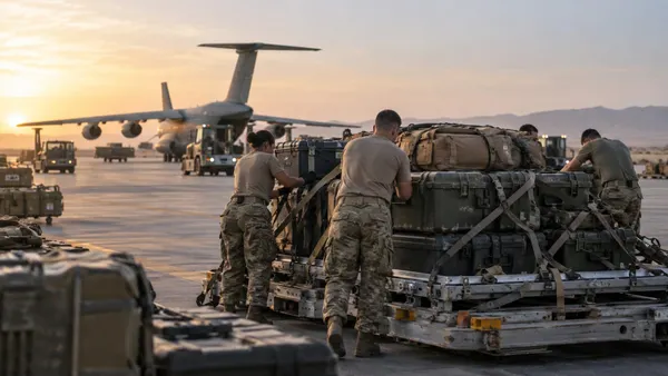 Service members load unmarked cargo pallets near a transport aircraft at a desert airfield.