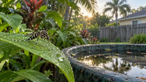 Illustration of an Aedes mosquito on a rain-damp leaf beside standing water in a Florida garden