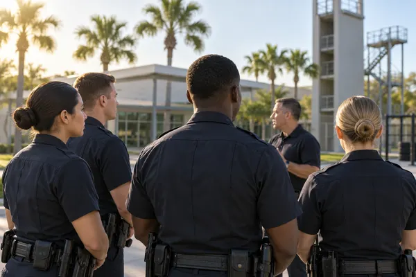 Newly hired law-enforcement officers attending an outdoor orientation in Florida