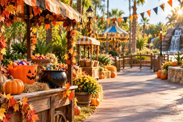 A cheerful, generic Florida theme-park walkway decorated with pumpkins, bunting and candy stations for a preschool-friendly Halloween event.