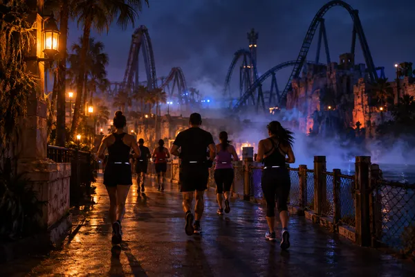 Anonymous runners moving through a foggy theme park at night with a roller coaster in the background