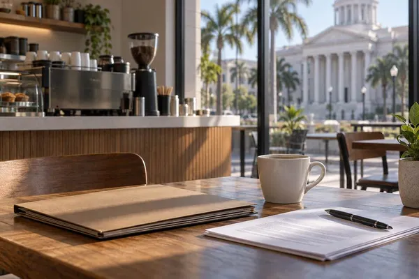 Unbranded coffee shop table with a legal folder and employment papers in soft Florida morning light.