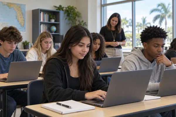 High-school students using laptops for virtual career exploration in a bright classroom