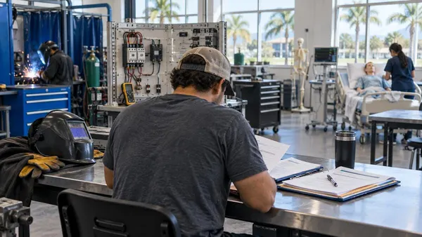 Conceptual technical-college lab with an adult student reviewing paperwork among skilled-trades and healthcare training stations