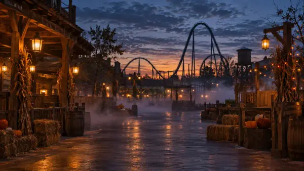Western-themed amusement park midway with pumpkins, fog and roller-coaster silhouettes at dusk