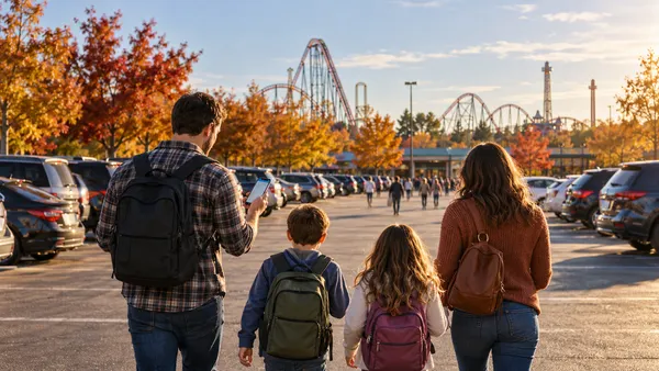 Illustrative family walking from a parking area toward an Oklahoma amusement park