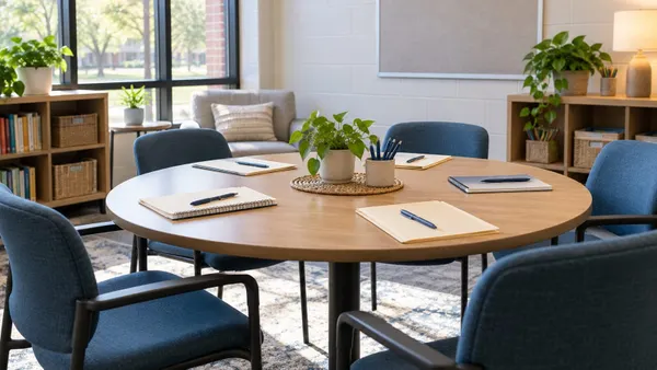 Empty school student-support meeting room with folders and notebooks arranged around a table.
