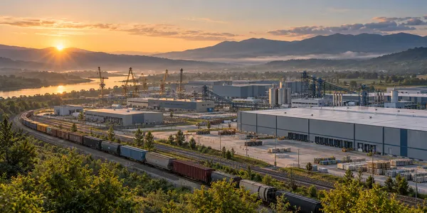 Illustrative modern manufacturing and logistics complex amid Georgia greenery at sunrise.