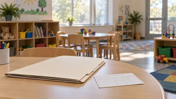 Conceptual image of an empty day care classroom with a plain medical folder and unlabeled vaccination record on a table.