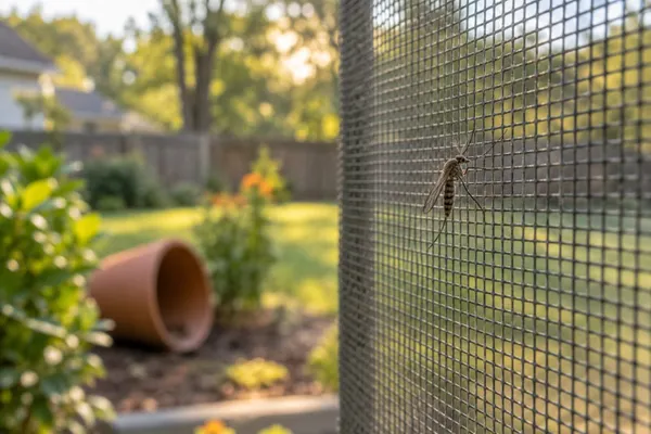 Mosquito resting on a window screen beside a Georgia backyard in late summer
