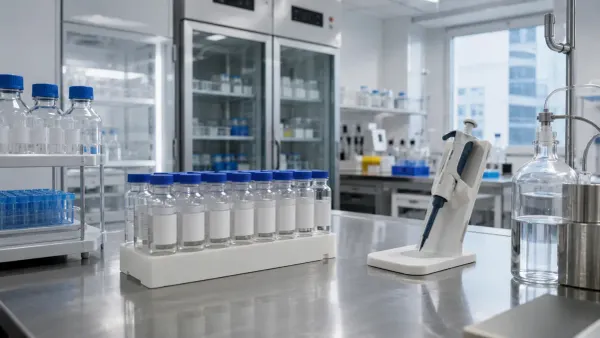 Unbranded vaccine research laboratory with sample vials and a pipette on a stainless-steel bench