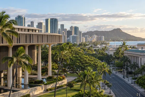 Honolulu civic district and skyline in morning light with Diamond Head in the distance