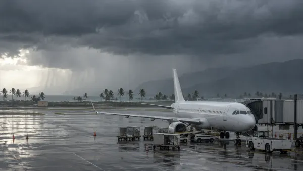 Unbranded passenger aircraft on a rain-swept tropical airport apron beneath dark storm clouds.