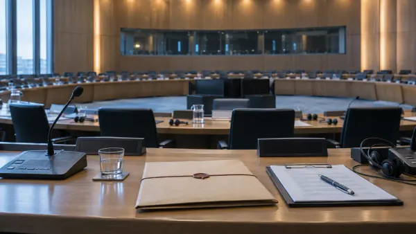 Una sala de conferencias internacionales vacía, con micrófonos, auriculares de interpretación, un expediente diplomático…