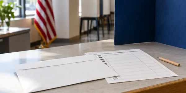 Unmarked ballot envelope, blank ballot and pencil on a civic office counter beside a privacy screen