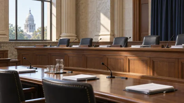 Empty government hearing room with microphones and documents arranged on a wooden dais