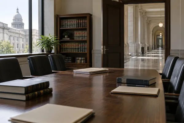 Conceptual editorial image of an empty legal conference room beside a courthouse corridor