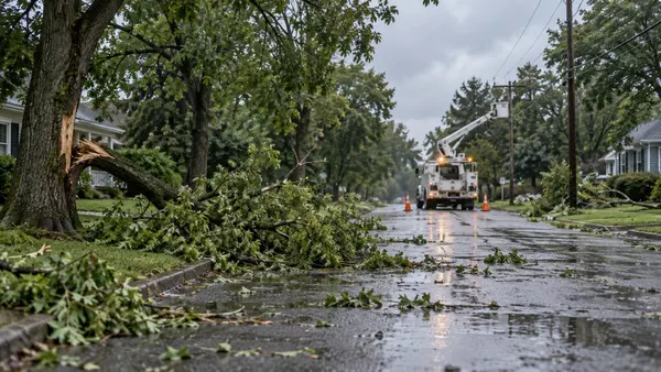 Storm-damaged suburban road with fallen branches and a utility repair truck under overcast skies