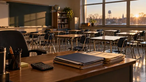 Empty Indiana classroom with desks, budget folders and a calculator in late-afternoon light