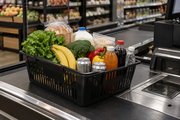 A grocery basket with produce, staple foods and unbranded beverages at a supermarket checkout