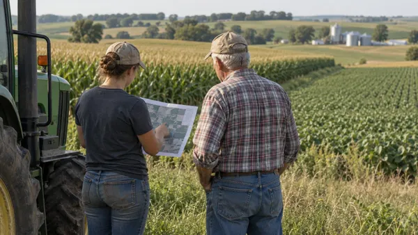 A beginning farmer and older landowner reviewing a field map beside Iowa cropland