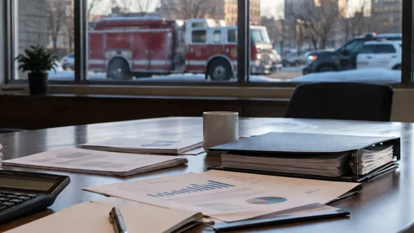 Budget documents and a calculator in a municipal conference room with blurred fire and police vehicles outside.