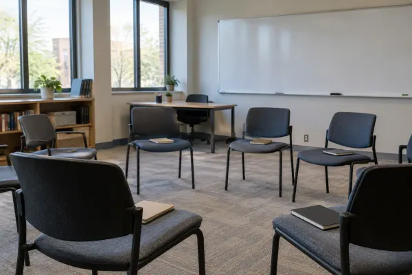 Empty teacher-training seminar room with chairs arranged in a circle