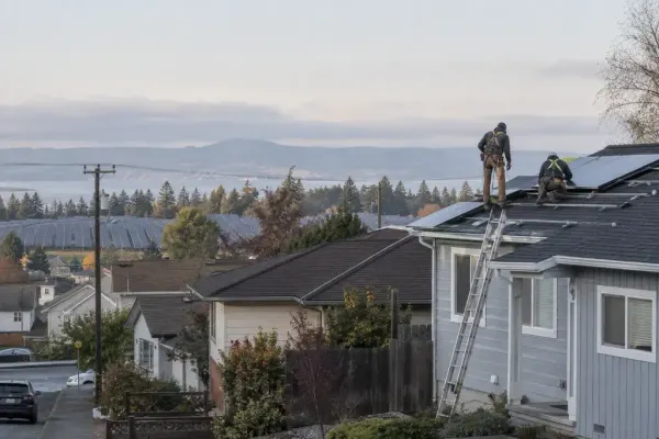 Ang mga solar installer ay nagtatrabaho sa bubong ng isang bahay sa itaas ng solar array ng kapitbahayan at komunidad.