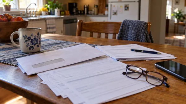 Conceptual editorial image of unbranded eligibility forms, an envelope, glasses and a phone on a household kitchen table.