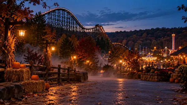 Illustrative autumn amusement park at dusk with a wooden roller coaster, pumpkins and light theatrical fog.
