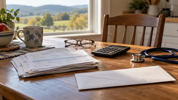 Medical bills, calculator, stethoscope and an unmarked envelope on a Kentucky household table