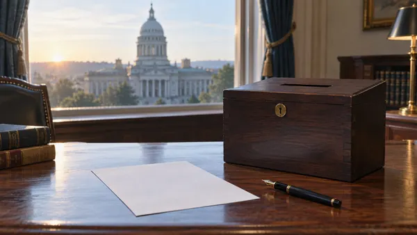 Unmarked ballot, wooden ballot box and pen on a government-office desk with a state capitol dome in the background.