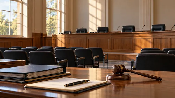 Empty public school board meeting room with a gavel and folders in warm daylight
