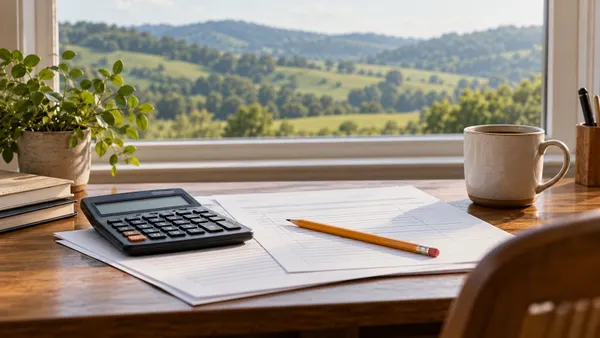 A calculator, pencil and blank tax worksheets on a desk overlooking green Kentucky-style hills