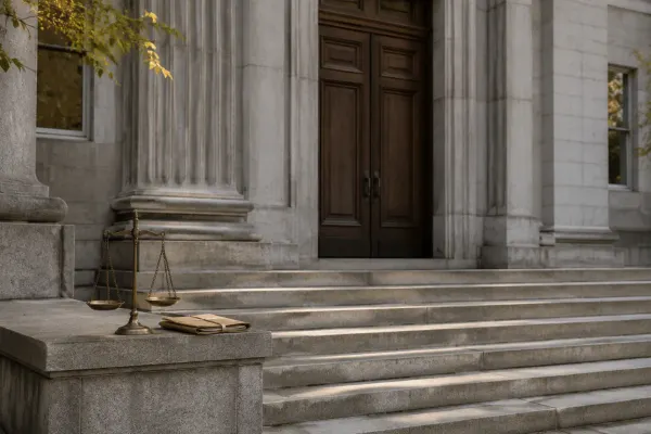 Empty stone courthouse steps and closed doors in late-afternoon light, with a brass balance scale beside a folded legal file.
