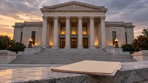 Illustrative courthouse facade and unmarked legal folder representing Louisiana’s interstate lawsuit.