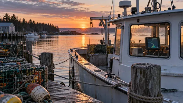Um barco de pesca de lagosta do Maine com armadilhas e um painel de navegação genérico ao amanhecer