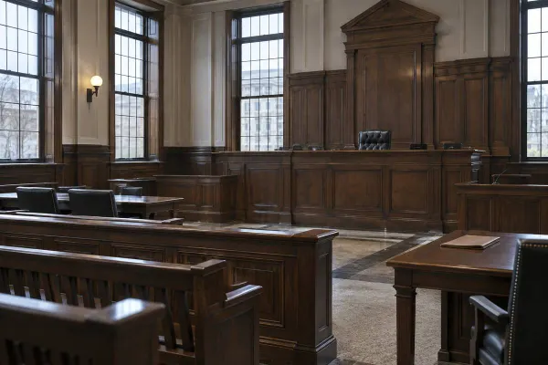 Empty wood-paneled courtroom in soft daylight, illustrating judicial accountability
