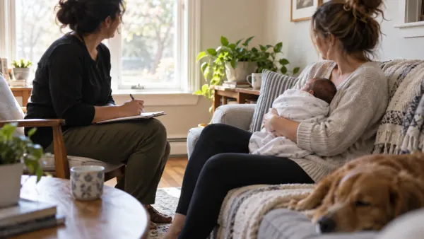 Conceptual home visit with a nurse speaking to a new parent holding a swaddled newborn