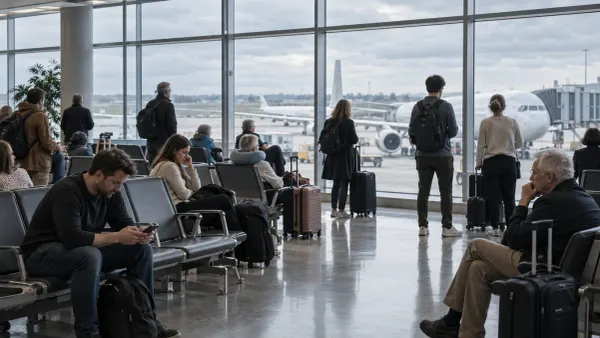 Viajeros esperan cerca de las puertas de embarque de un aeropuerto durante una interrupción generalizada del tráfico aéreo.