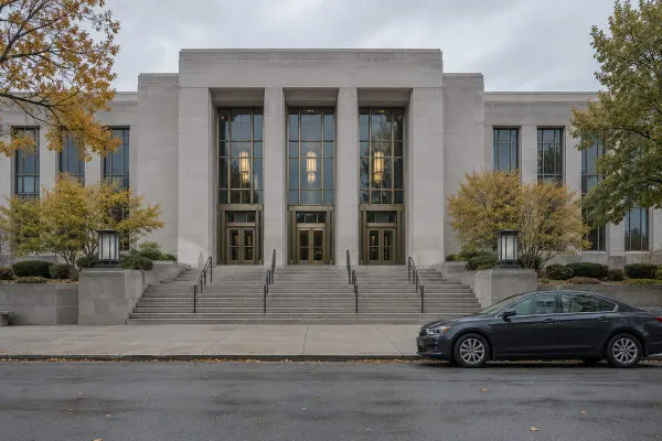Conceptual view of a generic Minnesota courthouse on an overcast autumn morning