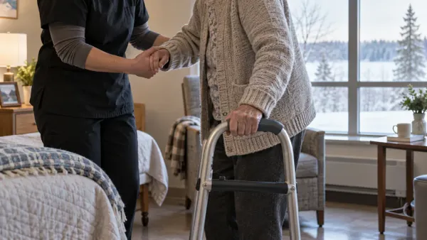 A caregiver assists an older nursing-home resident using a walker in a generic care-room setting