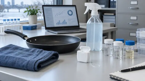 Unbranded consumer products and sample vials arranged beside a laptop on a laboratory workbench