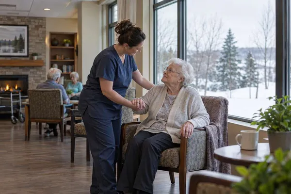 Conceptual Minnesota nursing-home caregiver assisting an older resident beside windows overlooking a snowy landscape